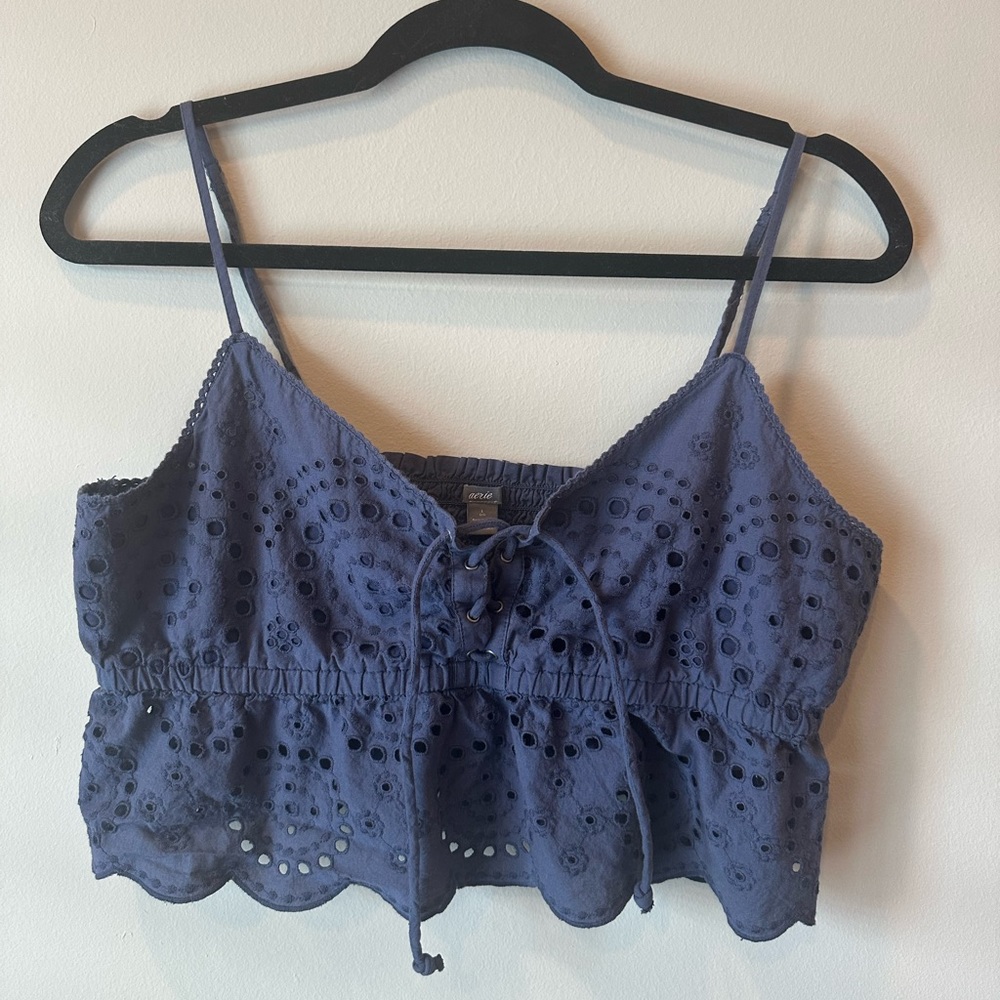 Aerie Blue Lace-up Eyelet Crop Tank/Bralette